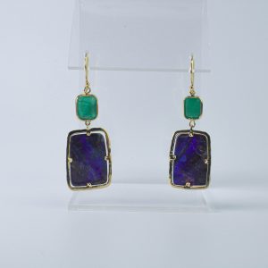 Geometric Blue Boulder Opal and Emerald Drop Earrings