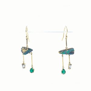 Boulder Opal Emerald and Diamond Drop Earrings