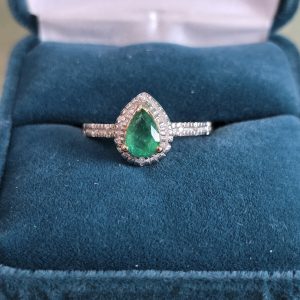 Estate Pear Emerald and Diamond Halo Ring