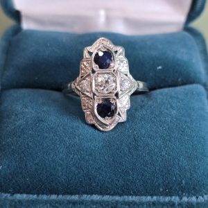 Estate Three-Stone Sapphire and Diamond Art Deco Ring