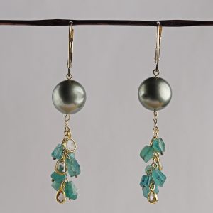 Tahitian Pearl Earrings with Diamonds and Emeralds