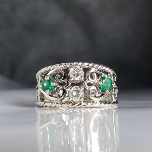 14K white gold fuligree Style Band ring with diamonds and Emeralds. Designed and created by Katherine Spencer.