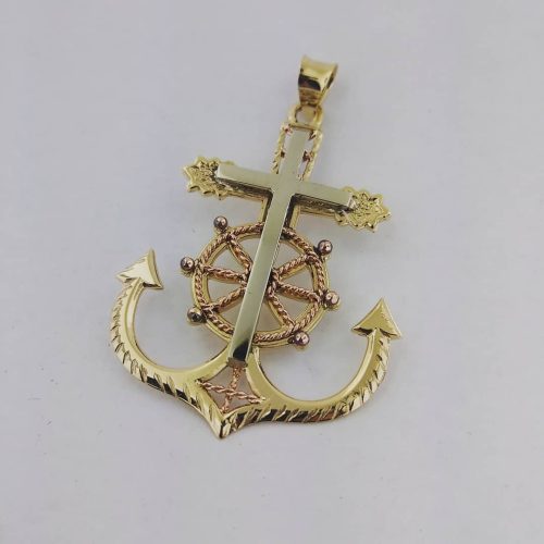 14k tri-tone gold anchor with a white gold cross and rose gold rope accents.