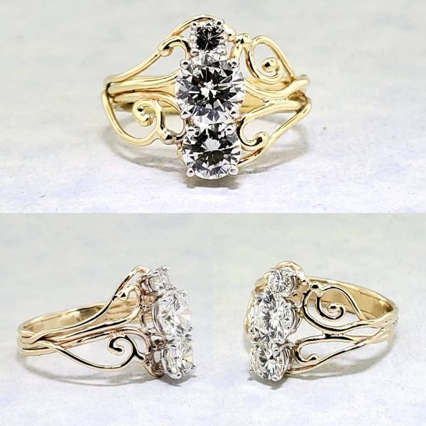 Vine style vintage inspired stacked three stone diamond ring