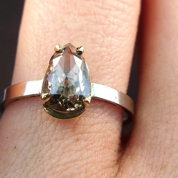 Pear shaped salt and pepper diamond solitaire engagement ring, prong set in 14k white gold. Item 1001