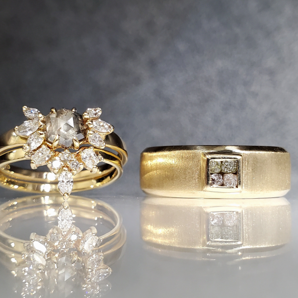 Marquise diamond contour Wedding Band and hexagon salt and pepper diamond engagement ring with marquise side diamonds. Satin Finish men's Wedding Band with 4 rough diamond cubes. Designed and made by Katherine Spencer in Morgantown, West Virginia, USA