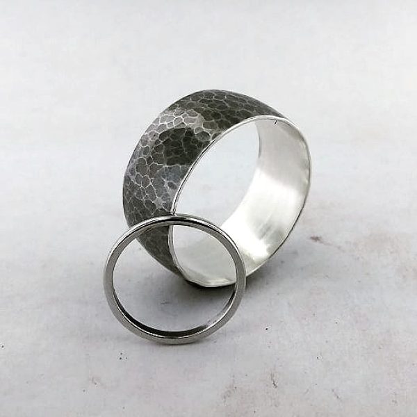 Wide and Narrow Hammer Textured Wedding Band Set in sterling silver. Created by Katherine Spencer in Morgantown, West Virginia, USA
