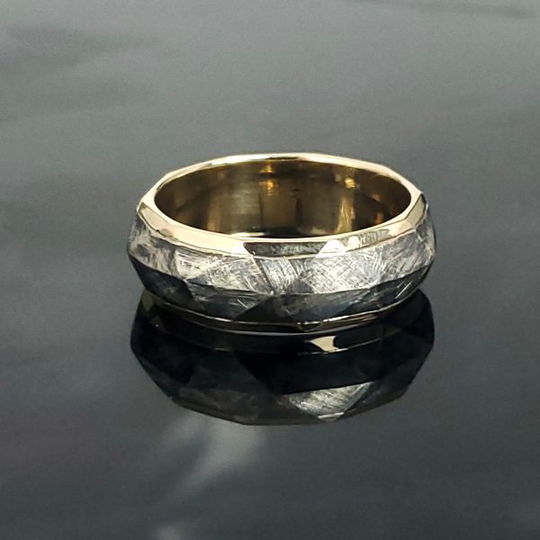 Faceted Two-Tone Wedding Band in sterling silver and 18k yellow gold with heavy texture. Created by Katherine Spencer in Morgantown, West Virginia, USA