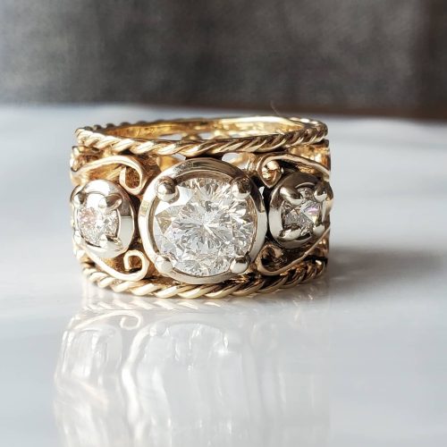 14k yellow gold swirl mother's ring with diamond and amethyst