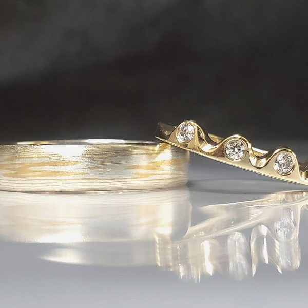 Wedding Set with Mokume Gane Wedding Band and Diamond Crown style Wedding Band. Created by Katherine Spencer in Morgantown, West Virginia, USA