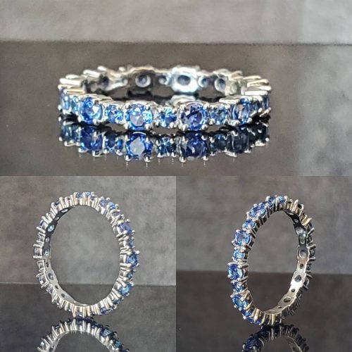 Round Blue Bird Turquoise bezel set in a 14k rose gold split shank style ring. Made by Katherine Spencer in Morgantown, West Virginia USA
