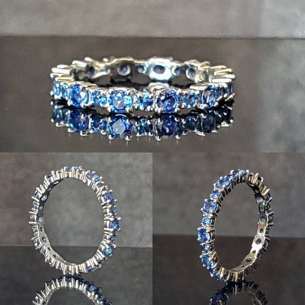 Ceylon blue sapphire Eternity Style Wedding Band in platinum. Created by Katherine Spencer in Morgantown, West Virginia, USA