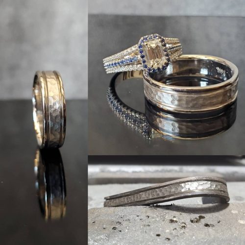 Star red ruby and pallasite meteorite set in 14k white gold