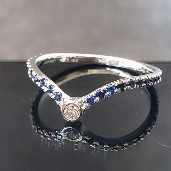 V-Contour Sapphire and Diamond ladies Wedding Band in 14k white gold. Created by Katherine Spencer in Morgantown, West Virginia, USA