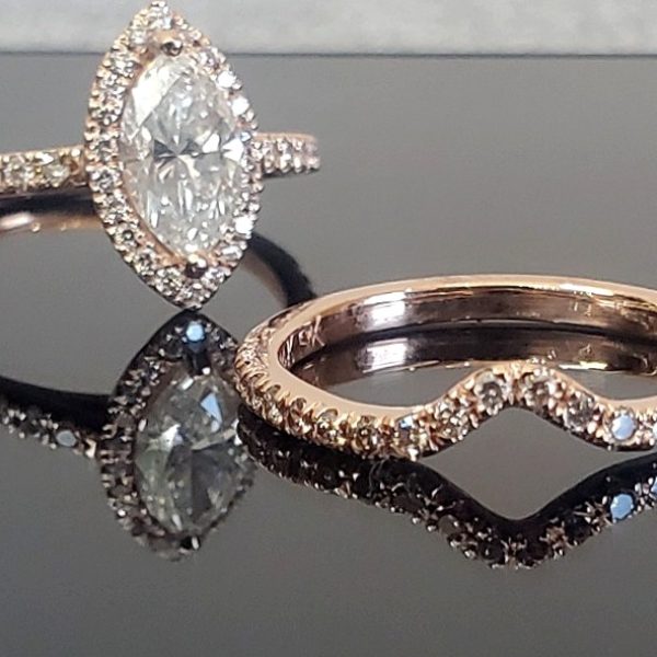 French Set Contour Diamond Wedding Band in 14k rose gold. Created by Katherine Spencer in Morgantown, West Virginia, USA
