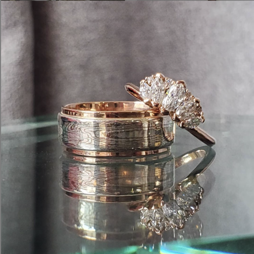 14k gold 5 Ring stack: Emerald Ring, Blue Zircon Ring, Aquamarine Ring, separated by skinny diamond bands
