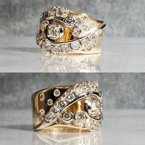 Right hand statement ring in 14k white and yellow gold open form swirl style diamond ring. Created by Katherine Spencer. Made in Morgantown, West Virginia USA