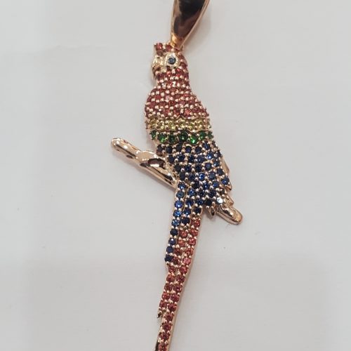 14k rose gold parrot with pave set multi colored diamonds.