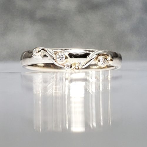 Semi-contour wedding band in 14k white gold and 14k yellow gold contoured vine and diamond accents. Designed and created by Katherine Spencer. Made in Morgantown, West Virginia USA