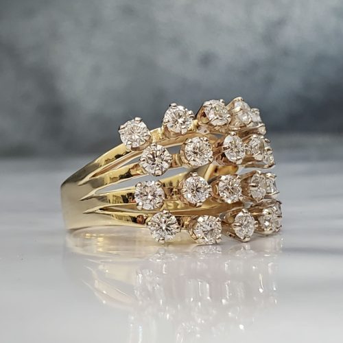 Five row cathedral style 14k yellow gold diamond right hand ring. Created by Katherine Spencer. Made in Morgantown, West Virginia USA